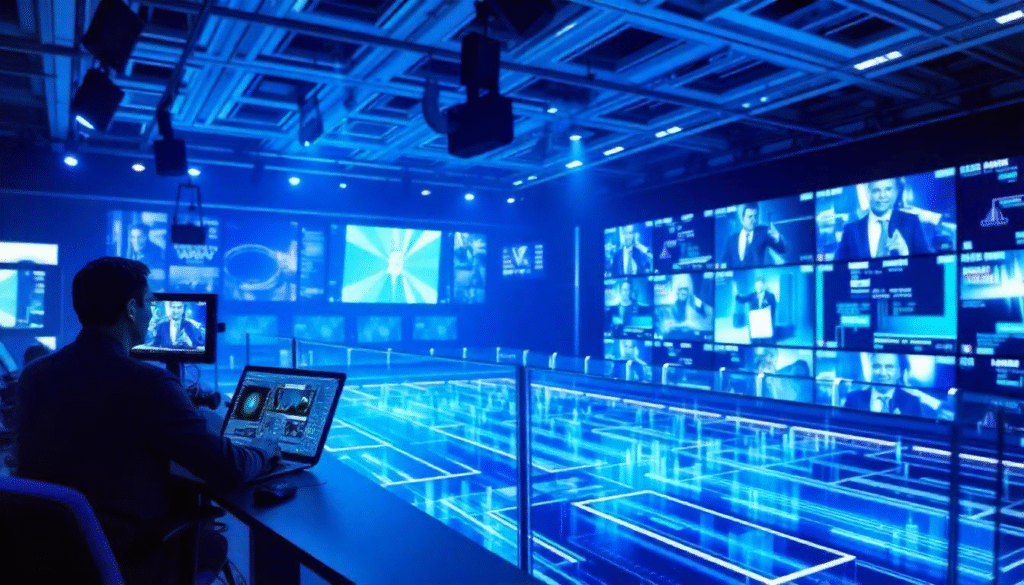 Modern broadcast studio with advanced lighting and camera equipment