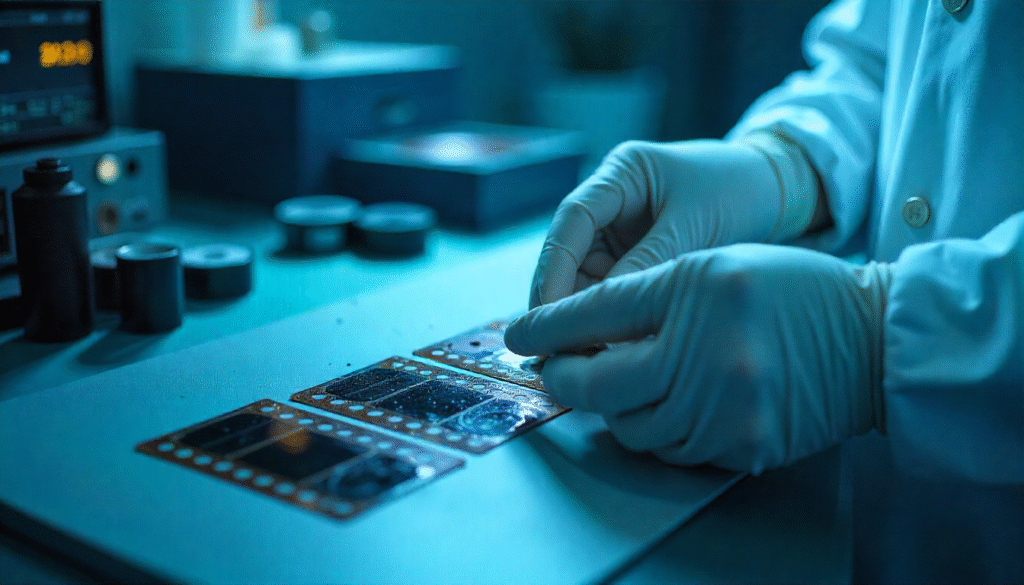 A restoration workstation with archival film strips being carefully handled with white gloves. The scene is set in a brightly lit laboratory, with dust particles visible in the air, highlighting the delicate nature of the work.