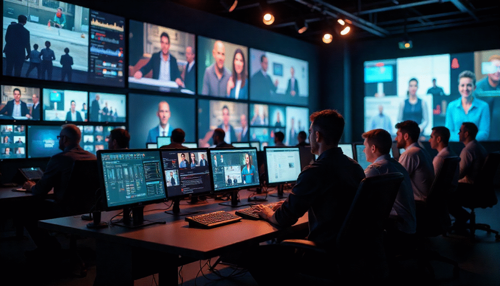 A broadcast control center—engineers at consoles, walls of monitors, live feeds.