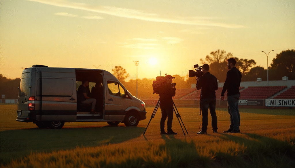 a shot of a field production setup (OB van, ENG team).
