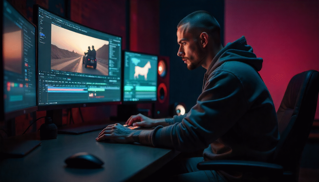 A colorist at a workstation with multiple screens—timeline visible, color grading panels, or audio waveform editing.